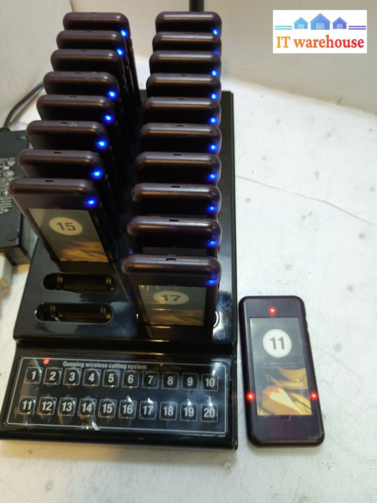 - Wireless Queuing Calling System 1 Transmitter + 19 Call Coaster Pagers Tested
