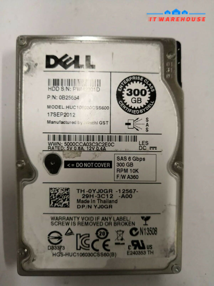 + YJ0GR 0B25654 DELL 300GB 10K 6G SFF 2.5'' SAS DP HDD HUC106030CSS600