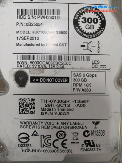 + YJ0GR 0B25654 DELL 300GB 10K 6G SFF 2.5'' SAS DP HDD HUC106030CSS600